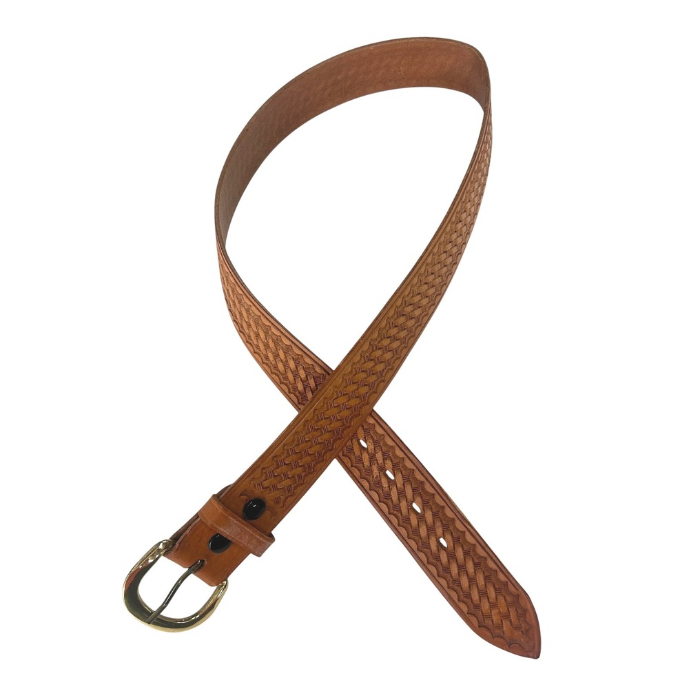 Western Bianchi B8 Basketweave Tooled Leather Belt 36 Brass Buckle Brown Cowboy